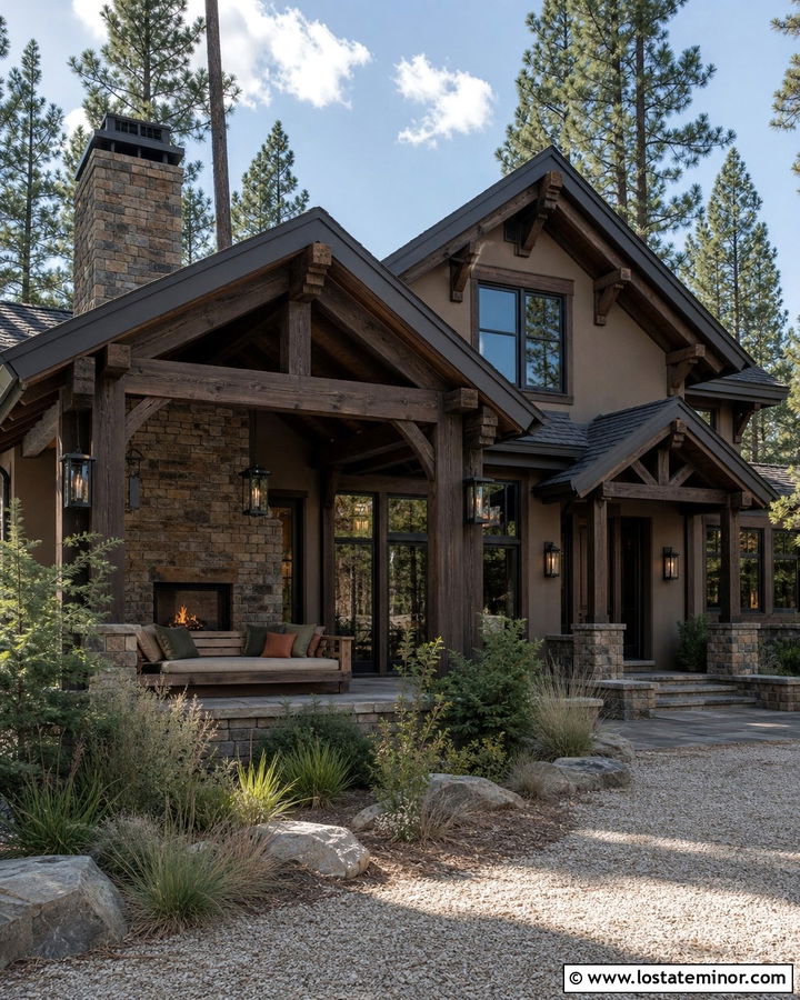 Tan Mountain House With Fireplace Daybed - 30 Tan House Design With Daybed Ideas