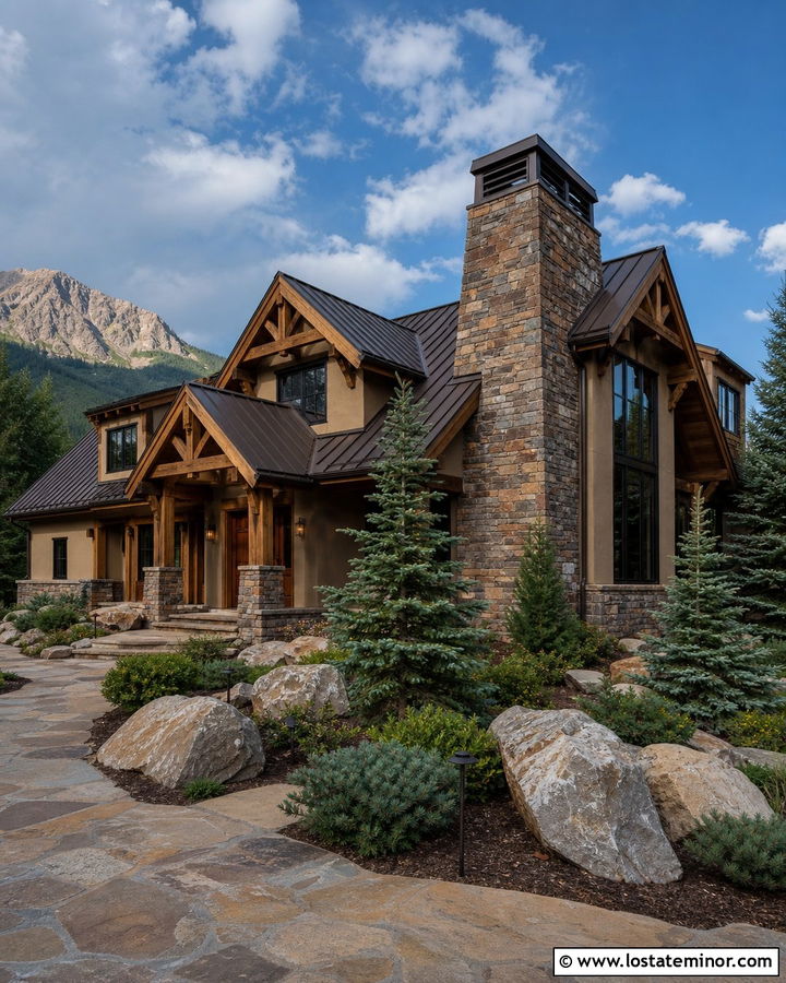Tan Mountain House With Ledgestone Chimney - 30 Tan House Design With Chimney Ideas