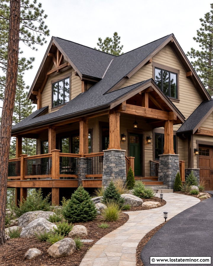 Tan Mountain House With Timber Deck - 30 Tan House Design With Deck Ideas