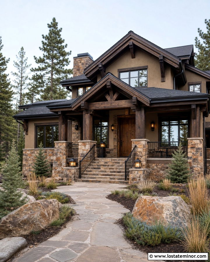 Tan Mountain House With Timber Front Porch - 30 Tan House Design With Front Porch Ideas
