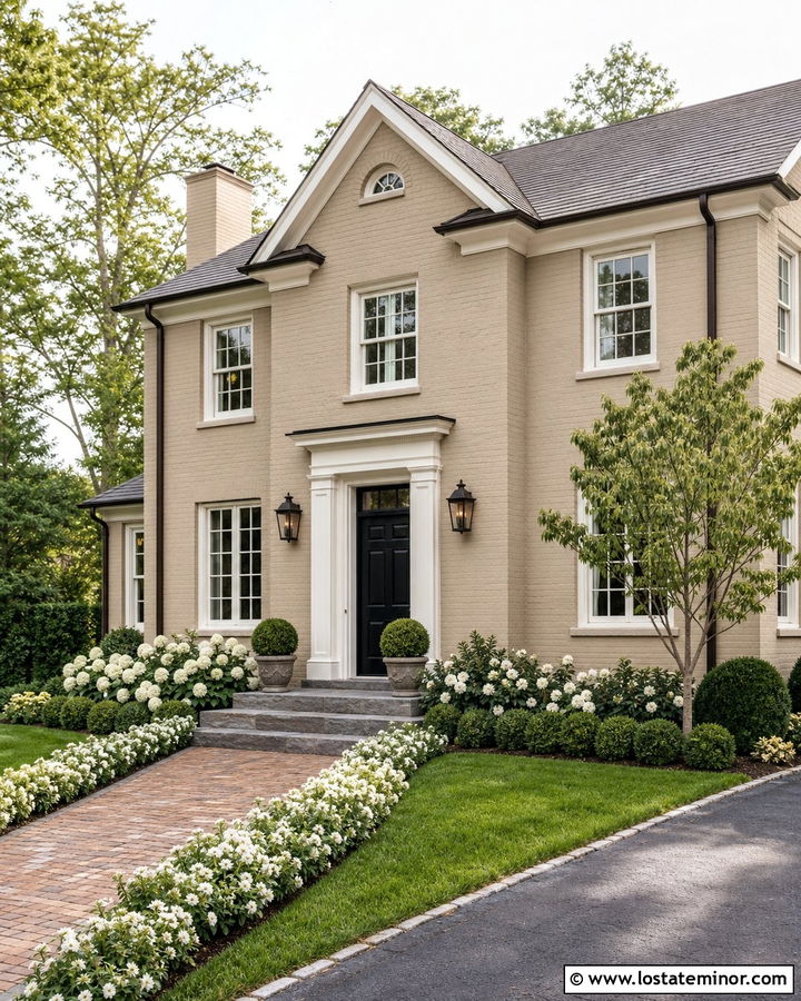 Tan Painted Brick House With White Walkway Borders - 30 Tan House Design With Front Yard Ideas