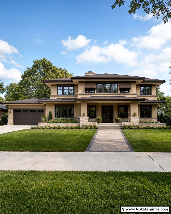 Tan Prairie House With Cocoa Brown Awnings - 30 Tan House Design With Awning Ideas