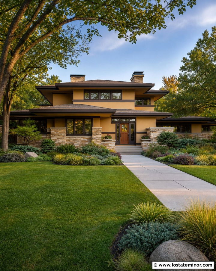 Tan Prairie House With Horizontal Front Yard - 30 Tan House Design With Front Yard Ideas