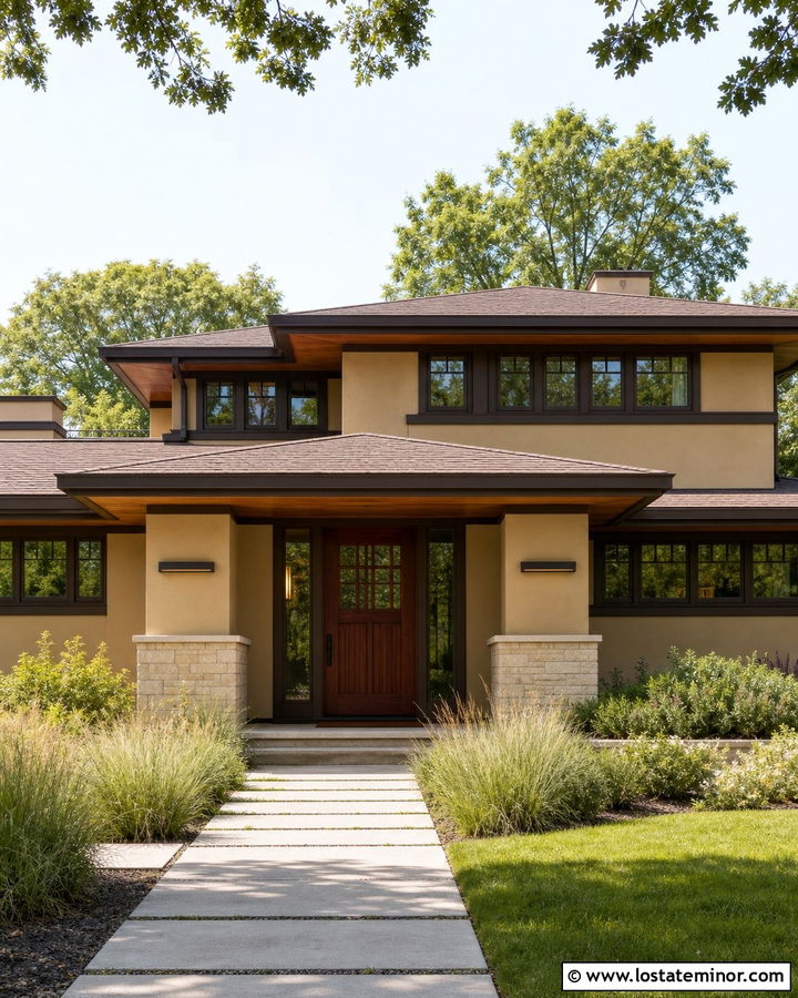 Tan Prairie House With Horizontal Lights - 30 Tan House Design With Light Fixtures Ideas