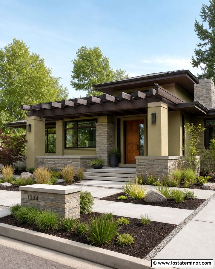 Tan Prairie House With Horizontal Pergola - 30 Tan House Design With Pergola Ideas