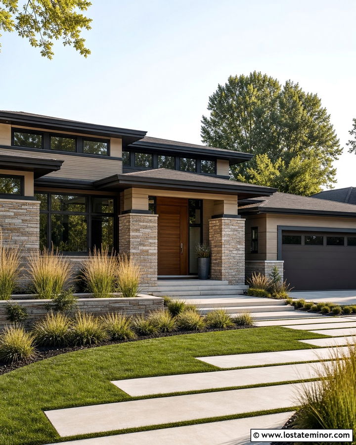 Tan Prairie House With Horizontal Stone - 30 Tan House Design With Stone Accents Ideas