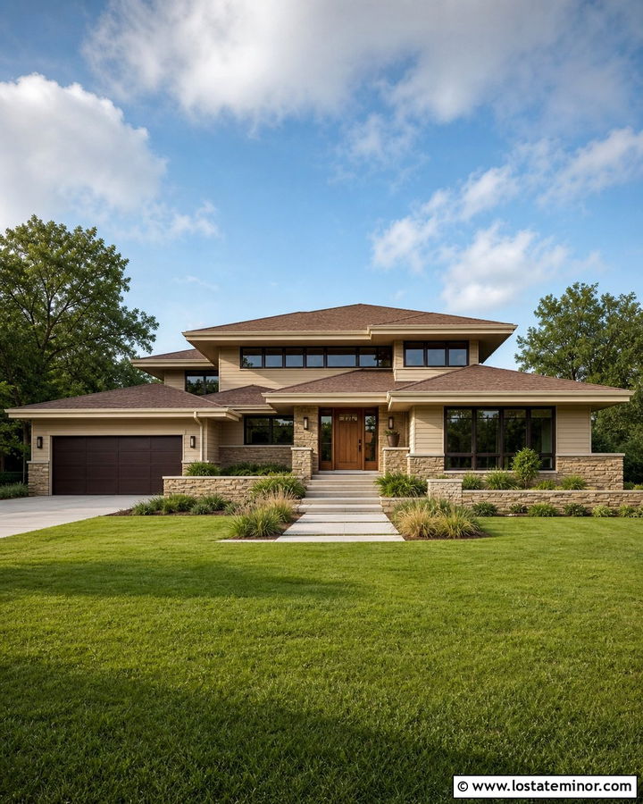 Tan Prairie House With Low Profile Brown Shingles - 30 Tan House Design With Shingles Ideas