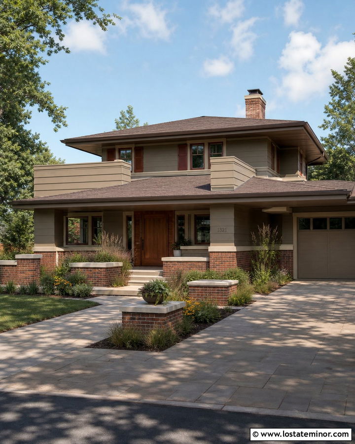 Tan Prairie House With Muted Red Shutters - 30 Tan House Design With Shutters Ideas