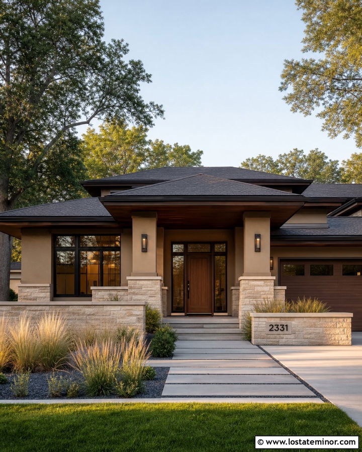 Tan Prairie House With Walnut Slat Porch Ceiling - 30 Tan House Design With Porch Ceiling Ideas