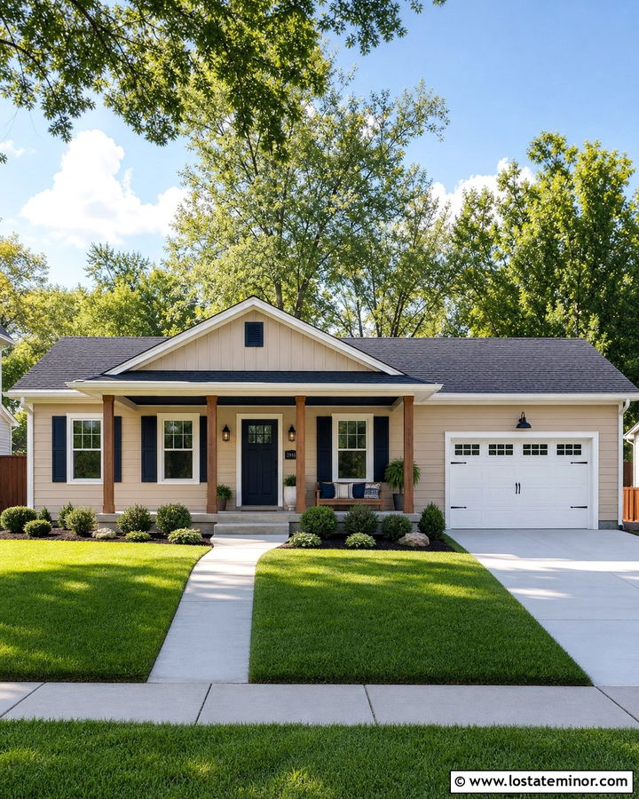 Tan Rambler With Navy Porch Ceiling - 30 Tan House Design With Porch Ceiling Ideas