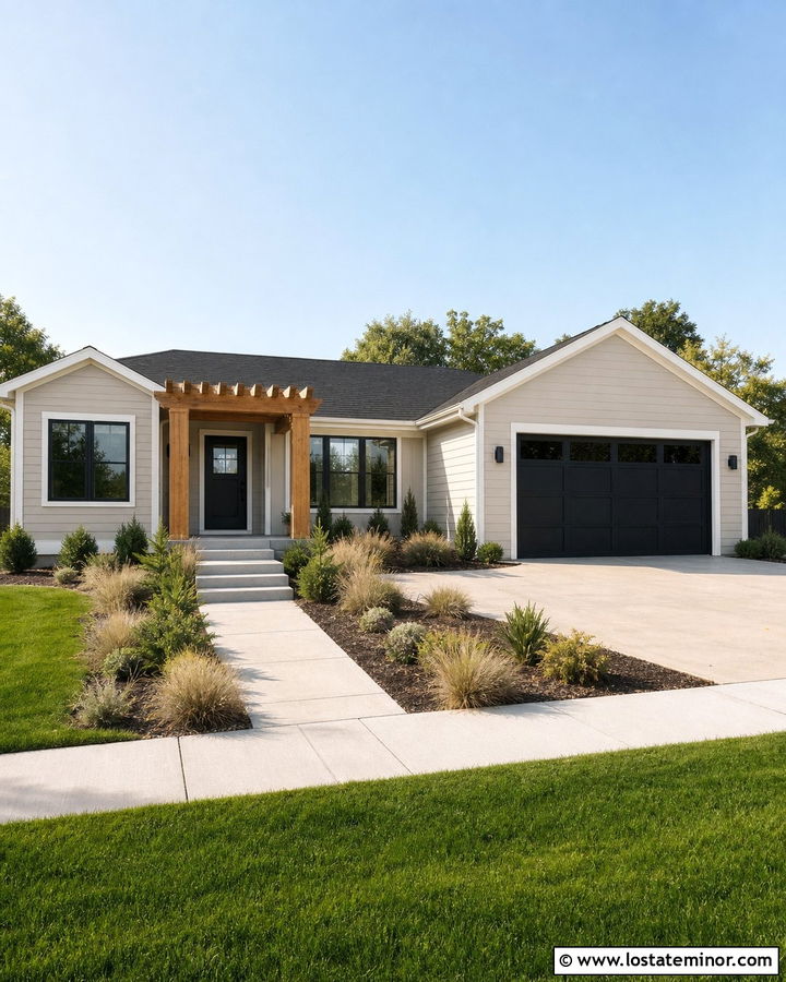 Tan Ranch House With Cedar Entry Pergola - 30 Tan House Design With Pergola Ideas