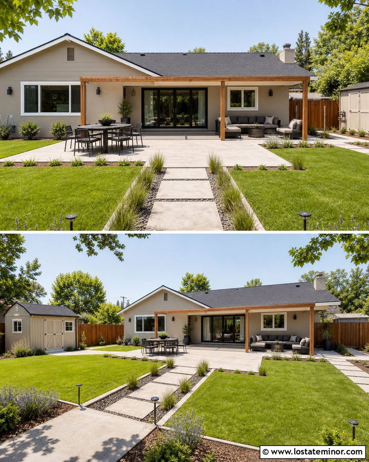 Tan Ranch House With Concrete Patio - 30 Tan House Design With Backyard Ideas