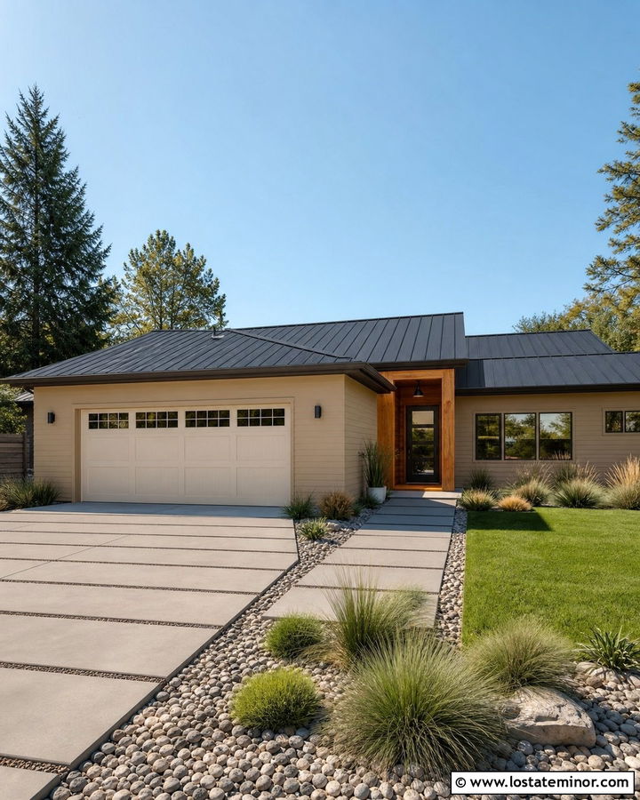 Tan Ranch House With Concrete Paver Walkway - 30 Tan House Design With Walkway Ideas