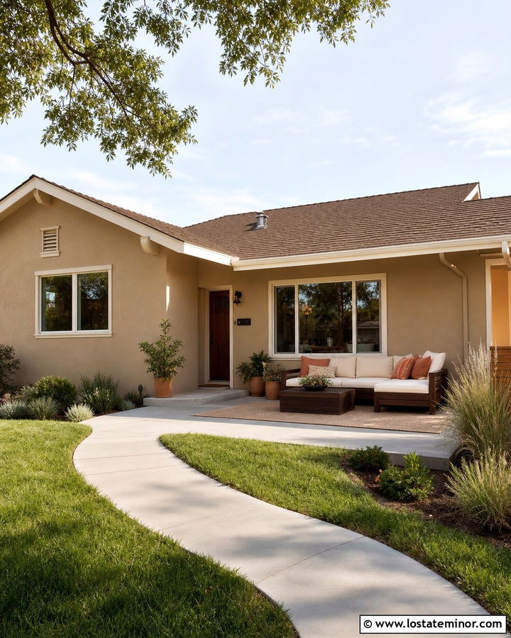 Tan Ranch House With Corner Patio Daybed - 30 Tan House Design With Daybed Ideas