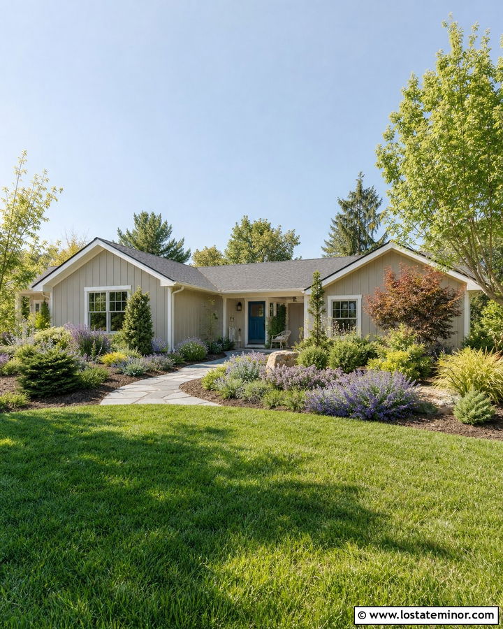 Tan Ranch House With Curved Garden Beds - 30 Tan House Design With Landscaping Ideas