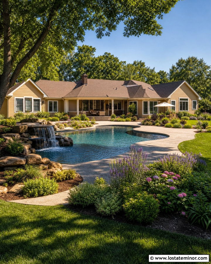 Tan Ranch House With Freeform Pool - 30 Tan House Design With Swimming Pool Ideas