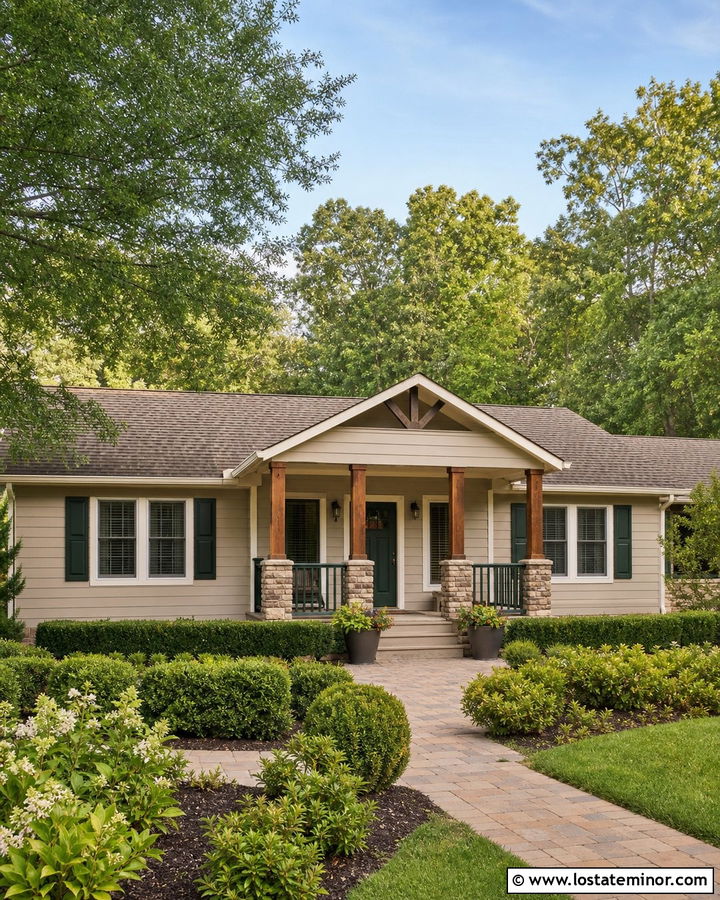 Tan Ranch House With Green Front Porch - 30 Tan House Design With Front Porch Ideas