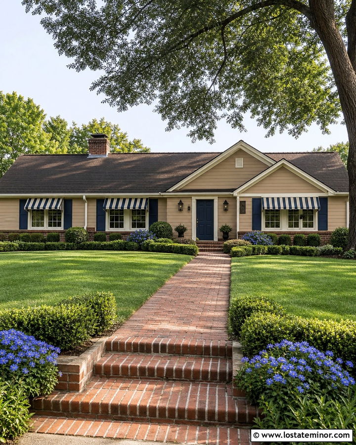 Tan Ranch House With Navy Striped Awnings - 30 Tan House Design With Awning Ideas