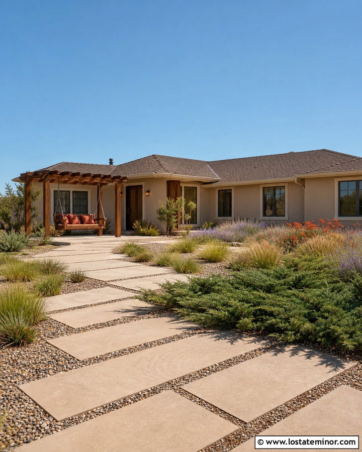 Tan Ranch House With Pergola Swing - 30 Tan House Design With Swing Ideas