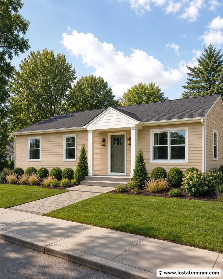 Tan Ranch House With Small Portico - 30 Tan House Design With Portico Ideas