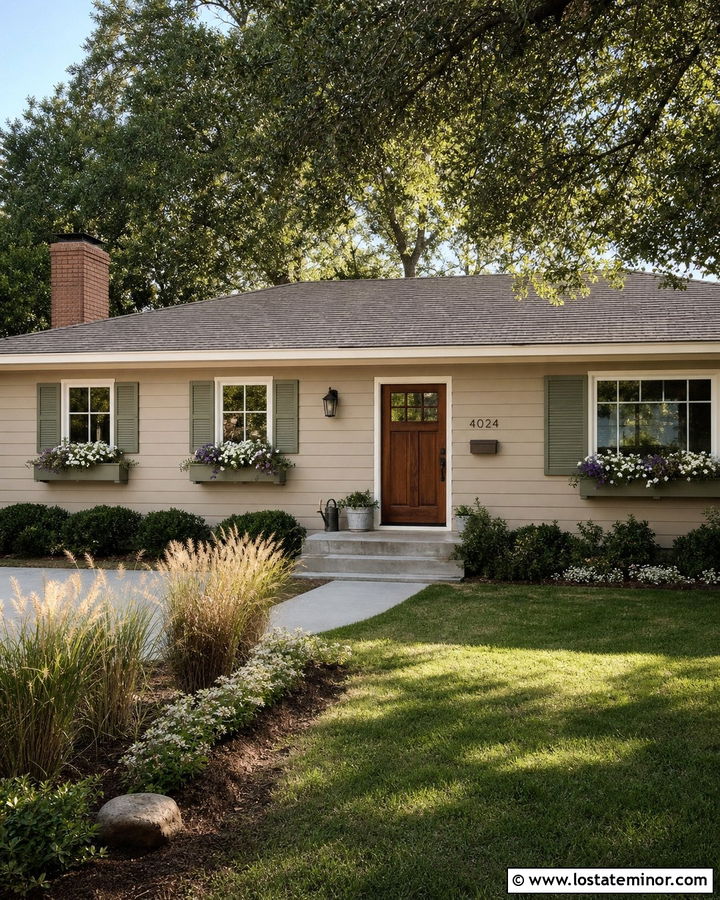 Tan Ranch With Sage Green Window Boxes - 30 Tan House Design With Window Boxes Ideas