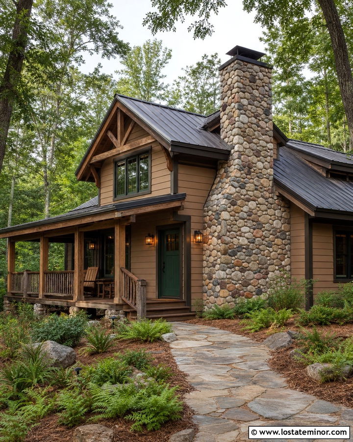 Tan Rustic Cabin With River Rock Chimney - 30 Tan House Design With Chimney Ideas