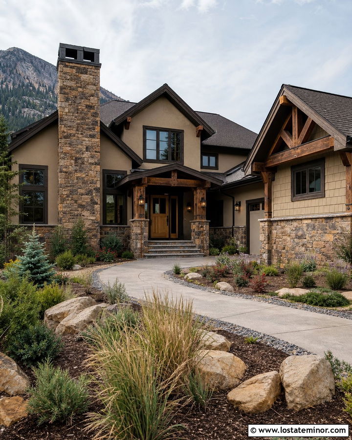 Tan Rustic House With Ledgestone Accents - 30 Tan House Design With Stone Accents Ideas