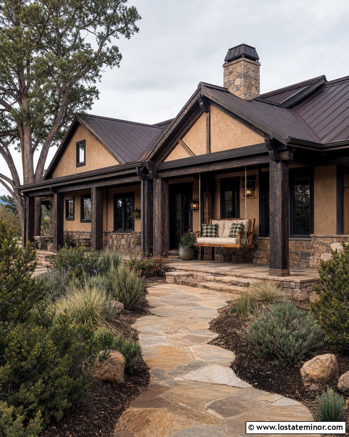Tan Rustic House With Log Swing - 30 Tan House Design With Swing Ideas