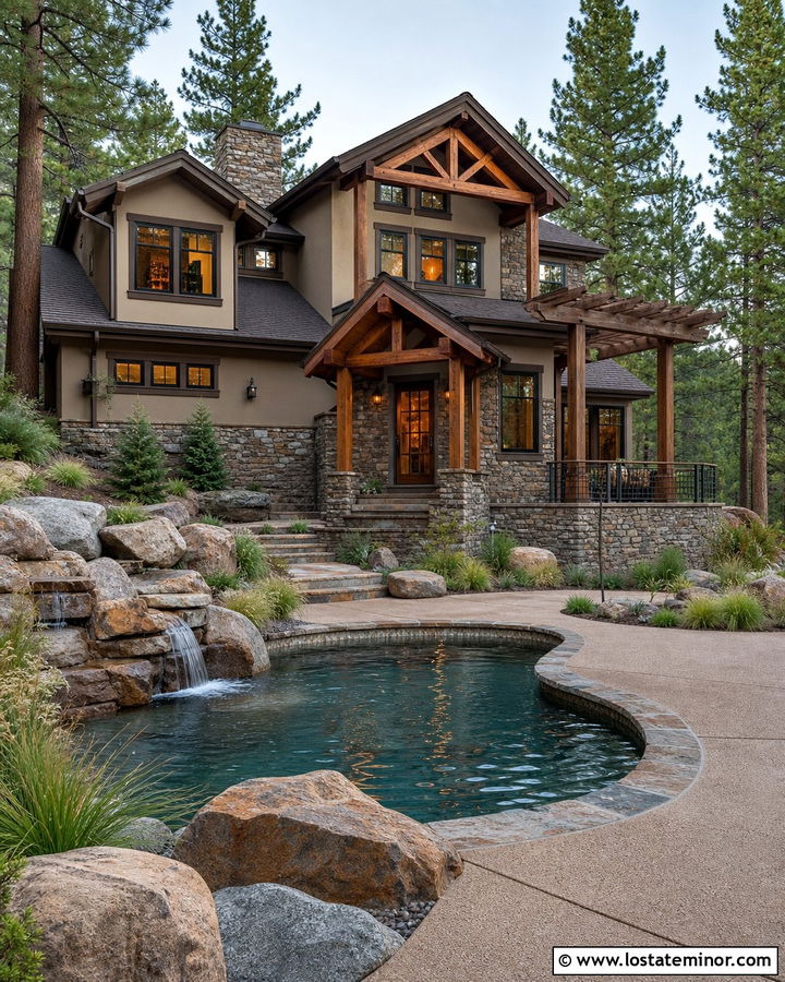 Tan Rustic House With Rock Waterfall Pool - 30 Tan House Design With Swimming Pool Ideas