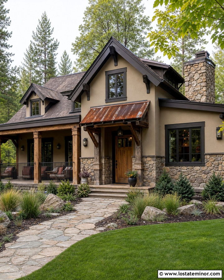 Tan Rustic House With Rust Metal Awning - 30 Tan House Design With Awning Ideas