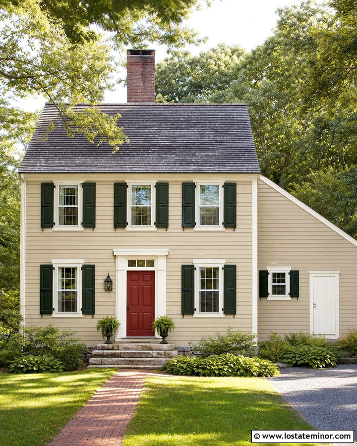 Tan Saltbox House With Forest Green Shutters - 30 Tan House Design With Shutters Ideas