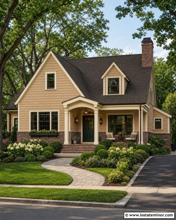 Tan Shingle House With Brick Wainscoting - 30 Tan House Design With Wainscoting Ideas