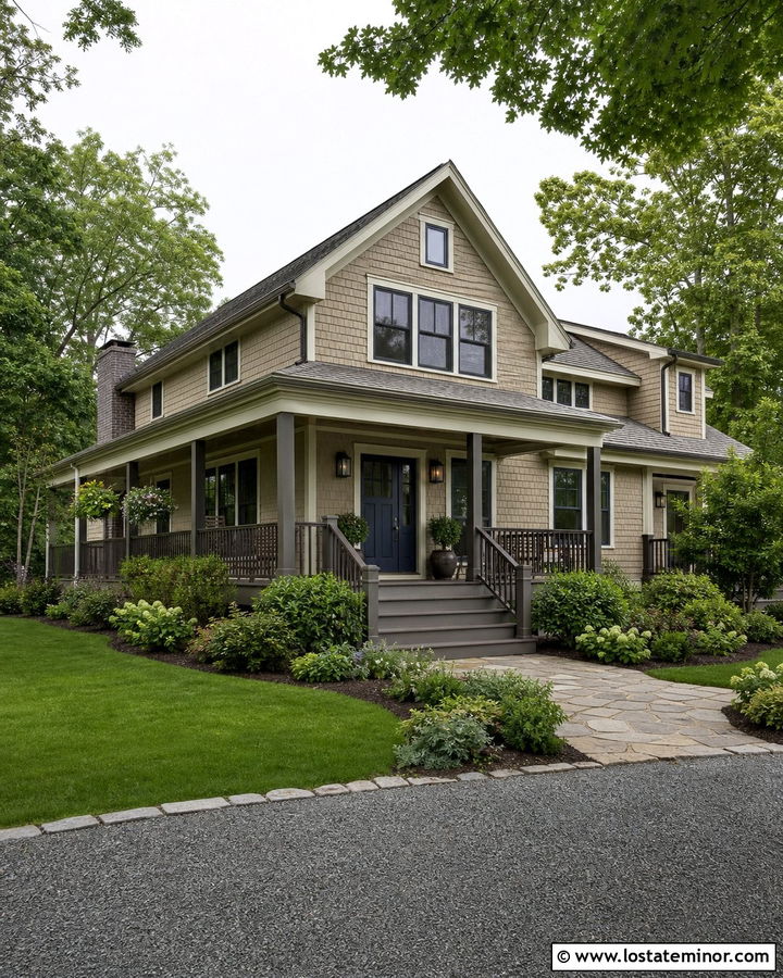 Tan Shingle House With Driftwood Deck - 30 Tan House Design With Deck Ideas