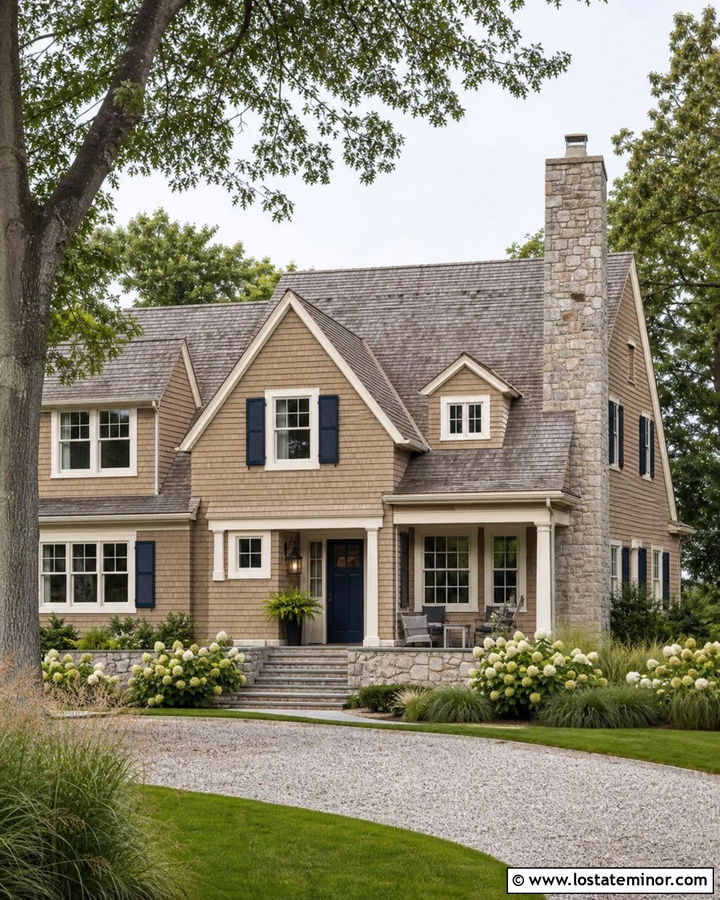 Tan Shingle House With Stone Chimney - 30 Tan House Design With Chimney Ideas