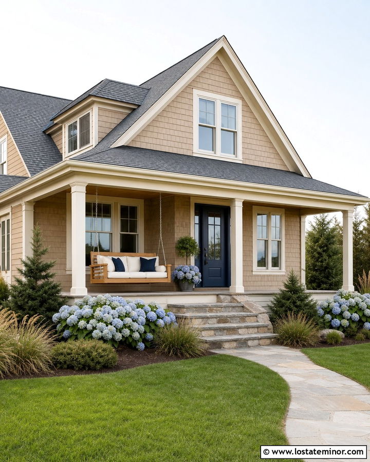 Tan Shingle House With Teak Swing - 30 Tan House Design With Swing Ideas
