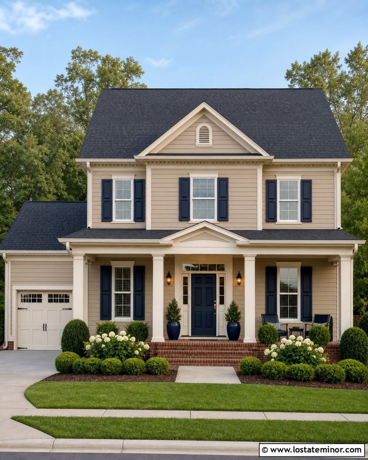 Tan Siding With A Navy Front Door - 30 Tan House Design With Siding Ideas