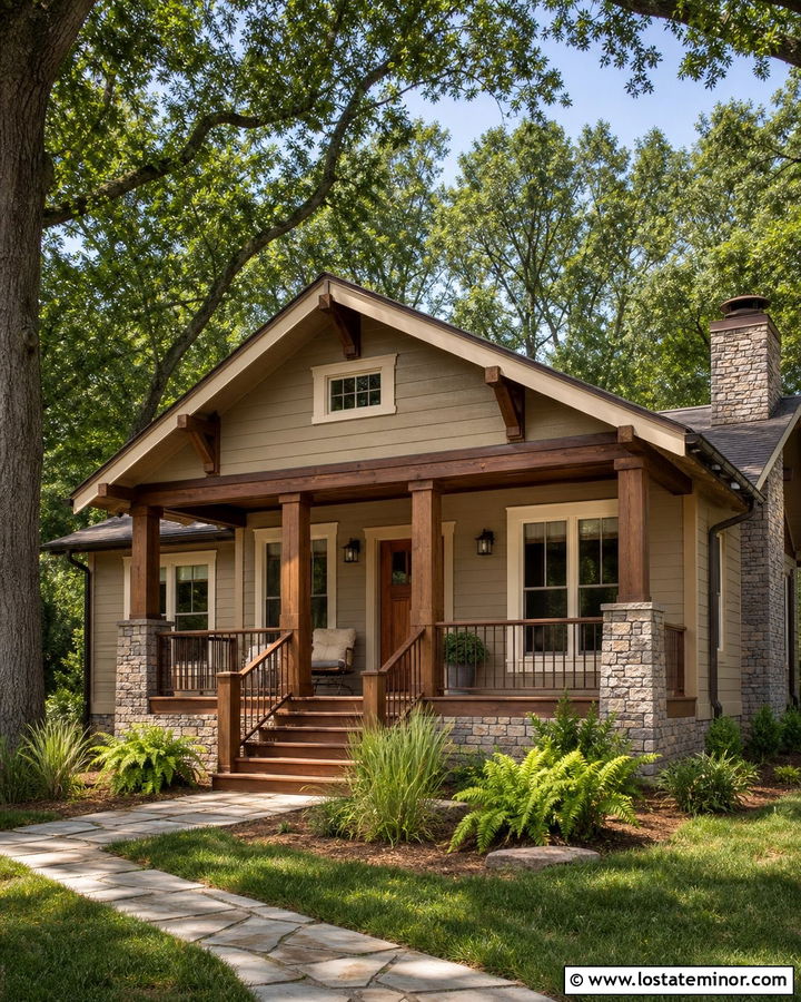Tan Siding With A Stained Wood Porch - 30 Tan House Design With Siding Ideas