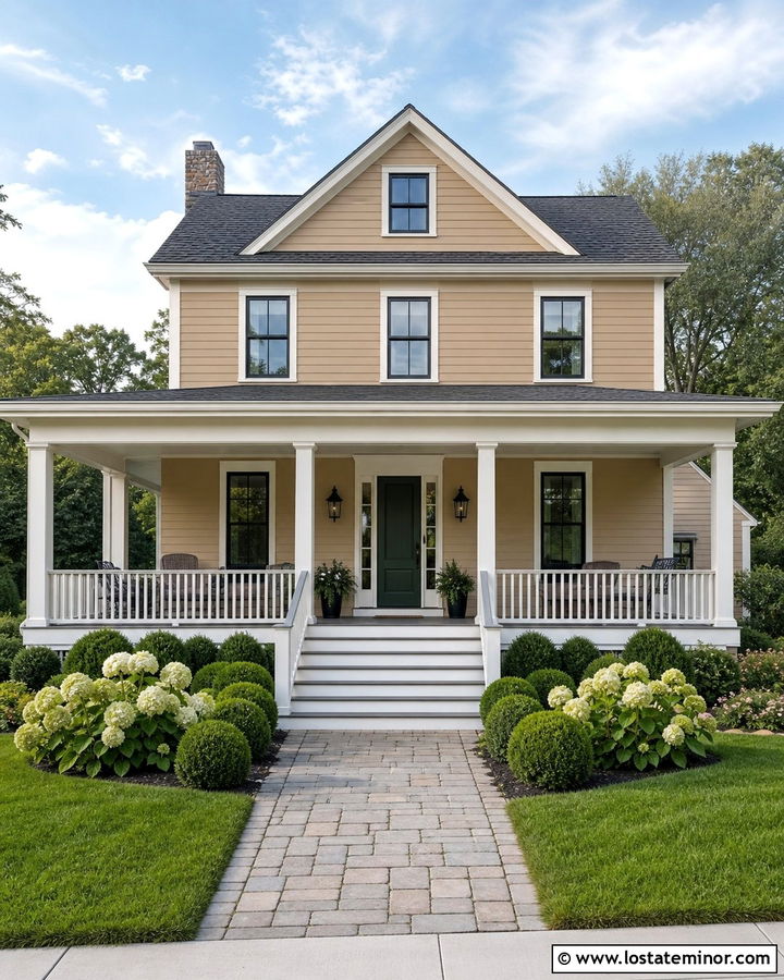 Tan Siding With A White Front Porch - 30 Tan House Design With Siding Ideas