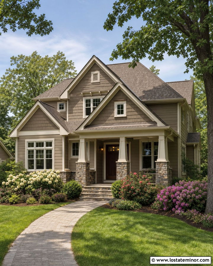 Tan Siding With Cedar Shake Gables - 30 Tan House Design With Siding Ideas