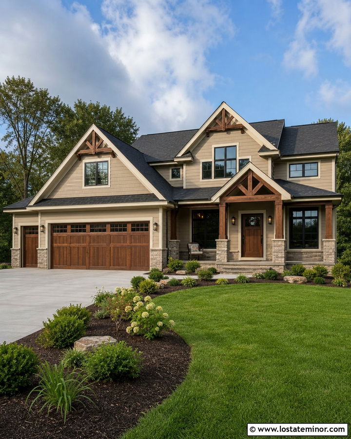 Tan Siding With Wood Garage Doors - 30 Tan House Design With Siding Ideas