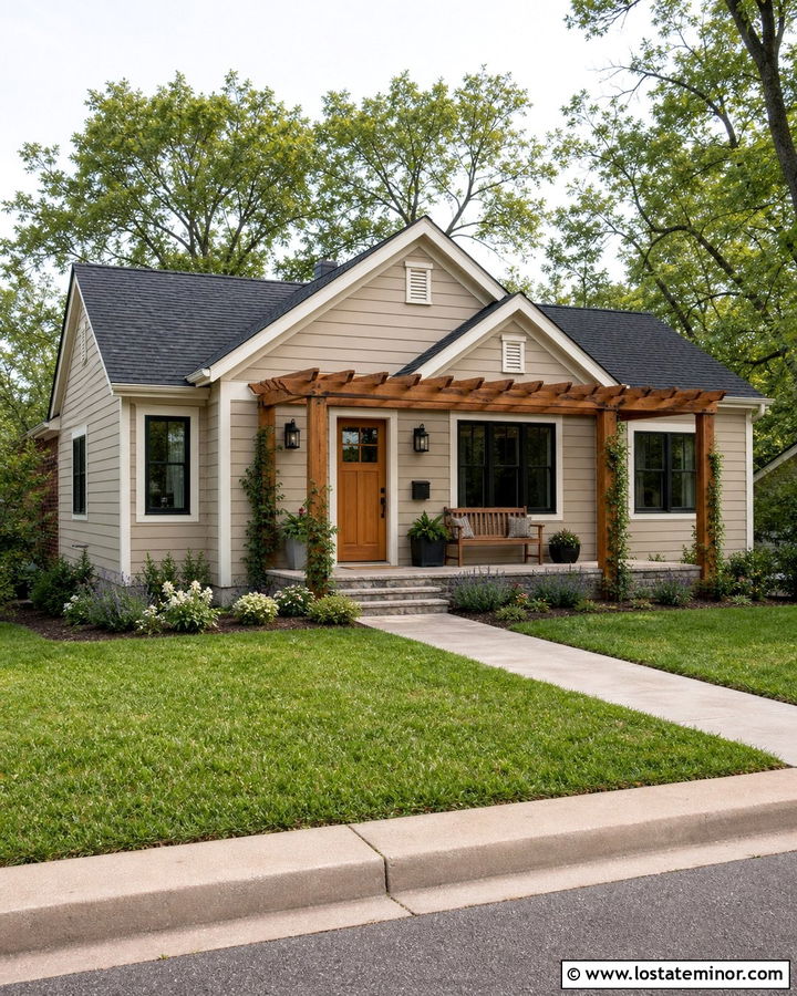 Tan Small House With Pergola Front Porch - 30 Tan House Design With Front Porch Ideas
