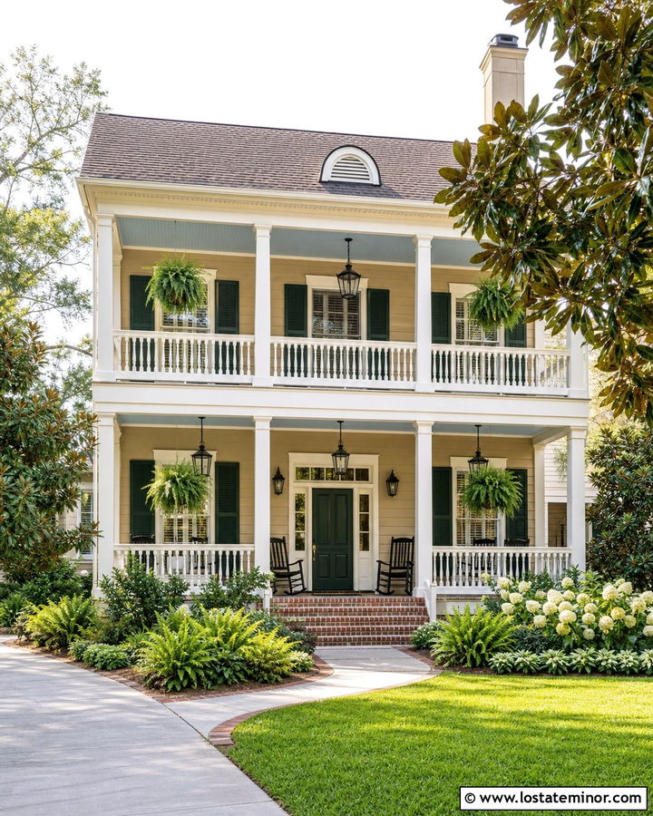 Tan Southern House With Blue Gray Porch Ceiling - 30 Tan House Design With Porch Ceiling Ideas