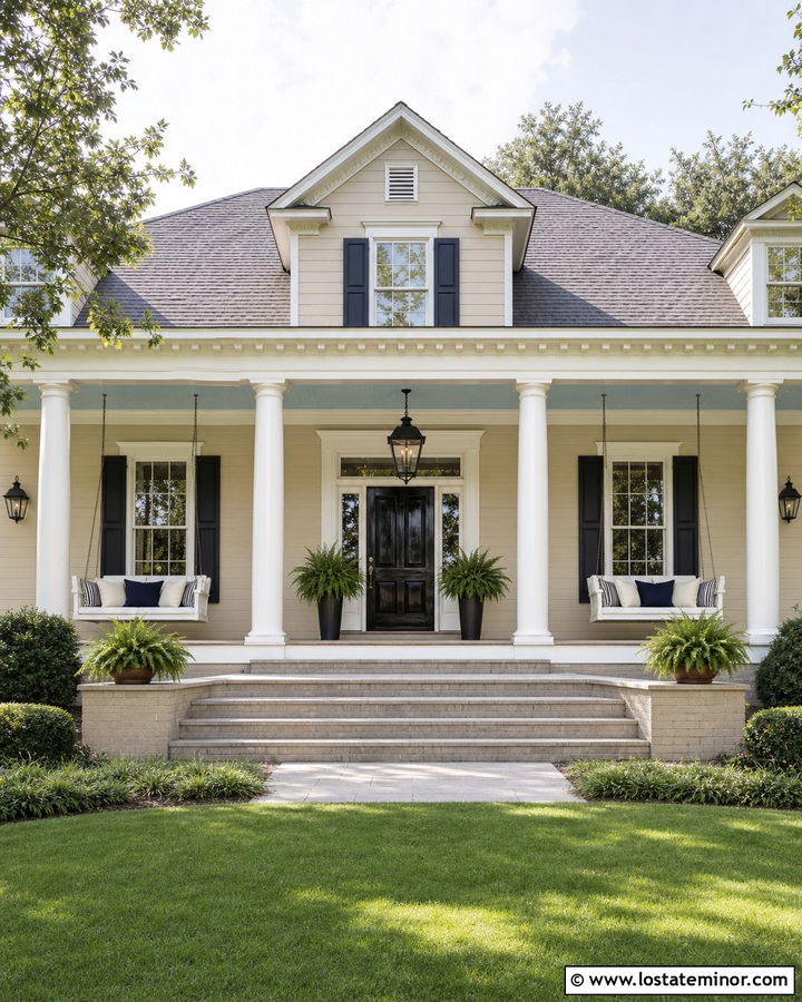 Tan Southern House With Double Porch Swings - 30 Tan House Design With Swing Ideas