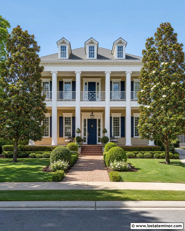Tan Southern House With Tall Porch Columns - 30 Tan House Design With Porch Columns Ideas