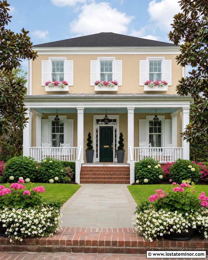 Tan Southern House With White Window Boxes - 30 Tan House Design With Window Boxes Ideas