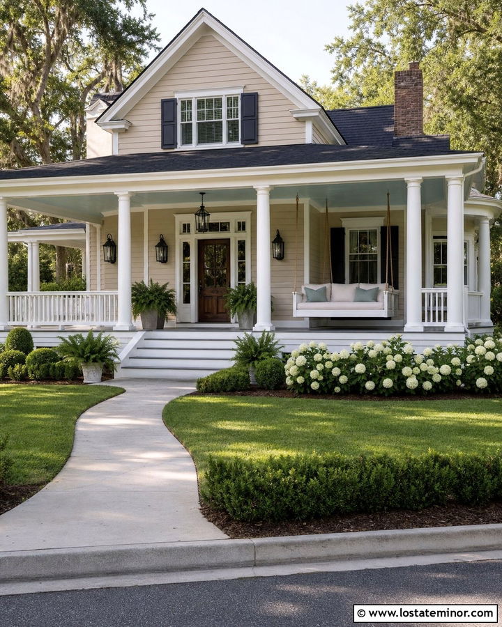 Tan Southern House With Wraparound Porch Daybed - 30 Tan House Design With Daybed Ideas