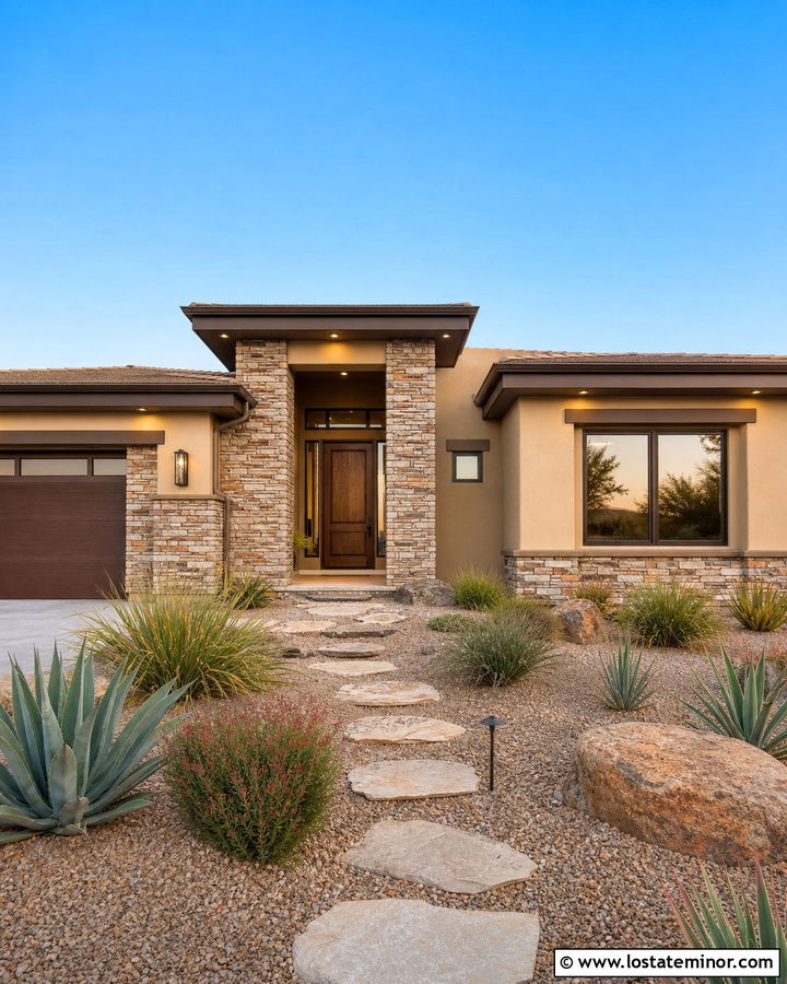 Tan Southwest House With Desert Stone - 30 Tan House Design With Stone Accents Ideas