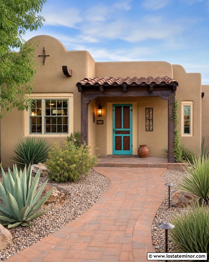 Tan Southwest House With Turquoise Screen Door - 30 Tan House Design With Screen Door Ideas