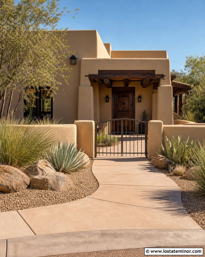 Tan Southwestern House With Courtyard Porch - 30 Tan House Design With Front Porch Ideas