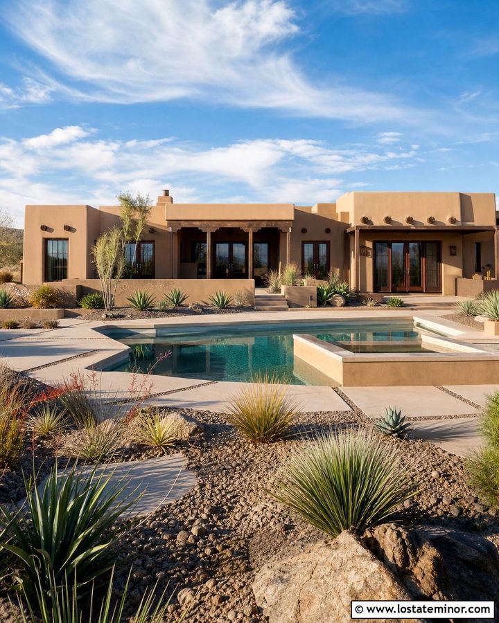 Tan Southwestern House With Geometric Pool - 30 Tan House Design With Swimming Pool Ideas